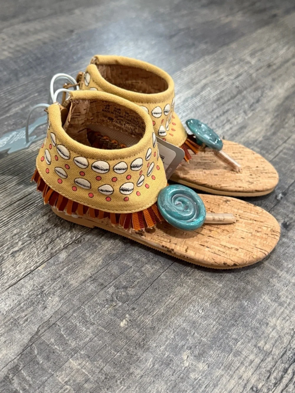 Disney Moana Costume Toddler Sandals Teal Shell Cork Sole Fringe Size 7/8